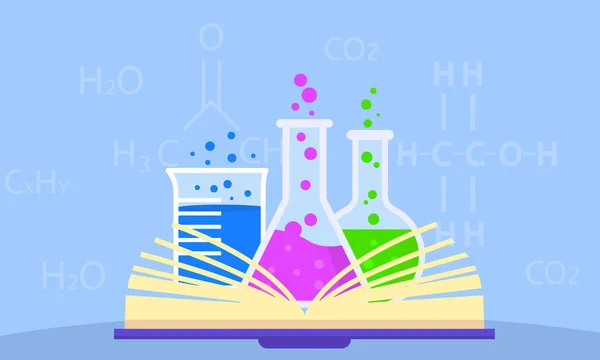 Otevřené chemie knihu koncept pozadí, plochý — Stockový vektor