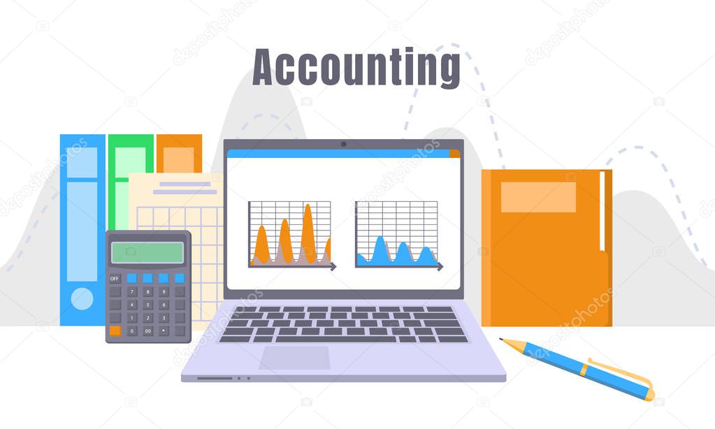 Accounting laptop concept background, flat style