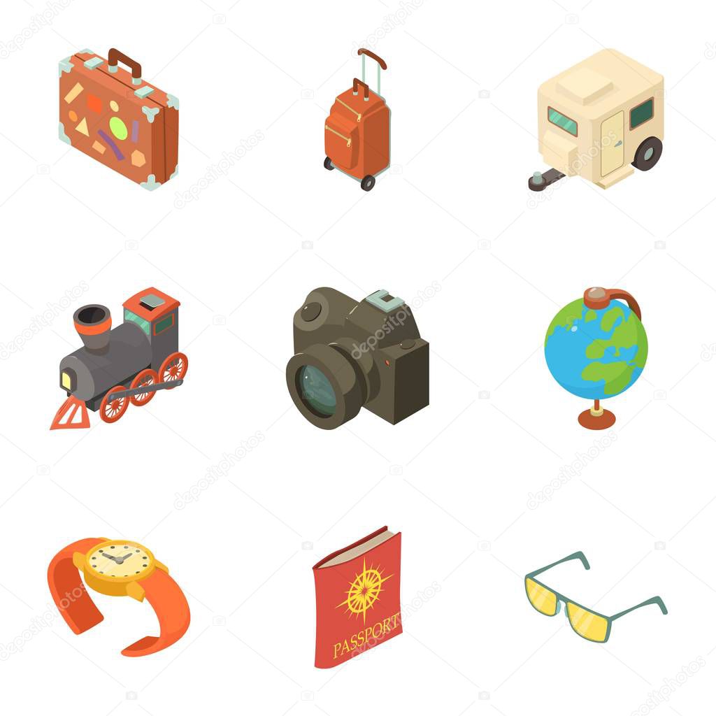 Passport check icons set, isometric style