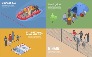 Migrant refugee banner set, isometric style clipart