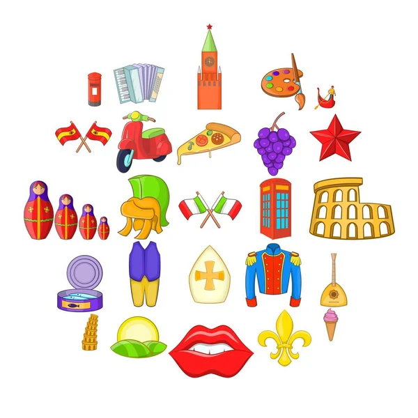 Euro conjunto de ícones de viagem, estilo cartoon — Vetor de Stock