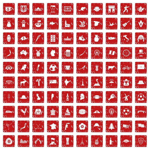 100 iconos de mapa conjunto grunge rojo — Vector de stock