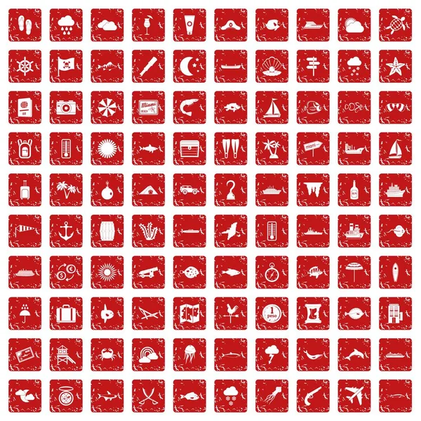 100 iconos del medio marino en rojo grunge — Vector de stock