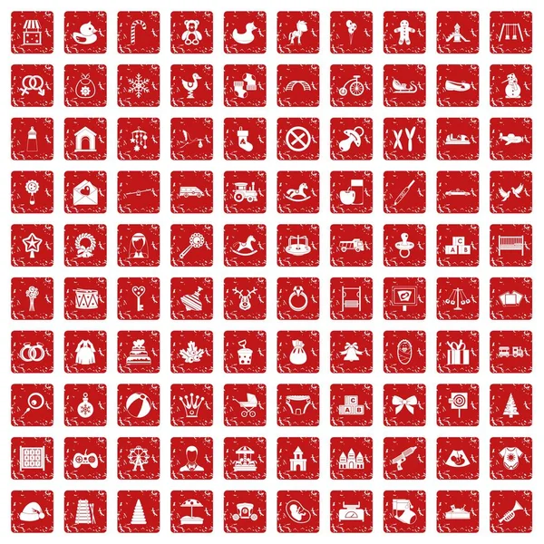 100 baby pictogrammen instellen grunge rode — Stockvector