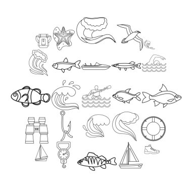Balıkçılık Icons set, anahat stili