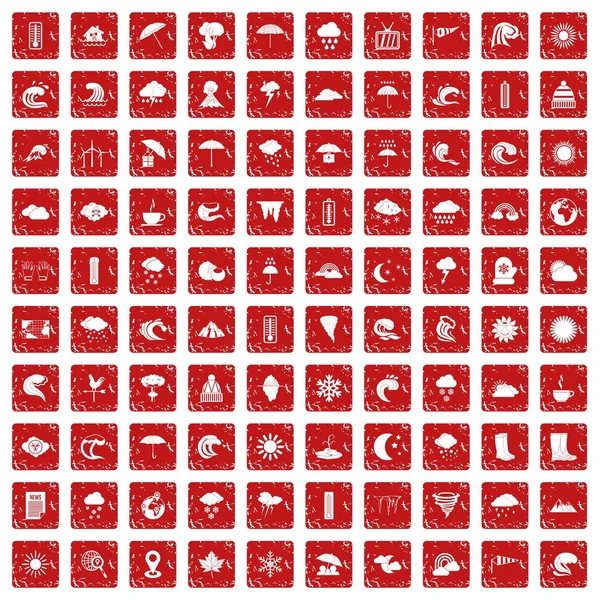 100 icone meteo set grunge rosso — Vettoriale Stock