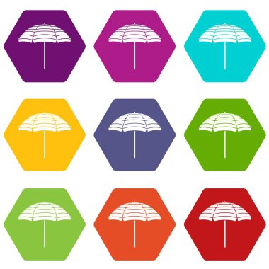 Renk altı yüzlü plaj şemsiye Icon set