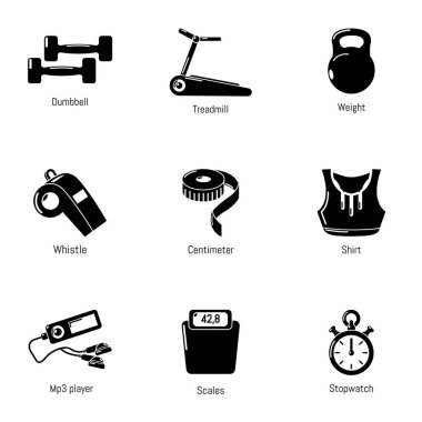 Spor dumbbell Icons set, basit tarzı