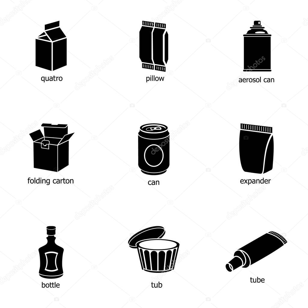 Liquid packaging icons set, simple style