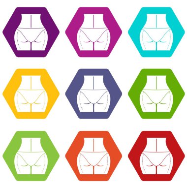 Birçok renk altı yüzlü beyaz vektör illüstrasyon izole kadın kalça plastik cerrahi simgesine hazır ayarla