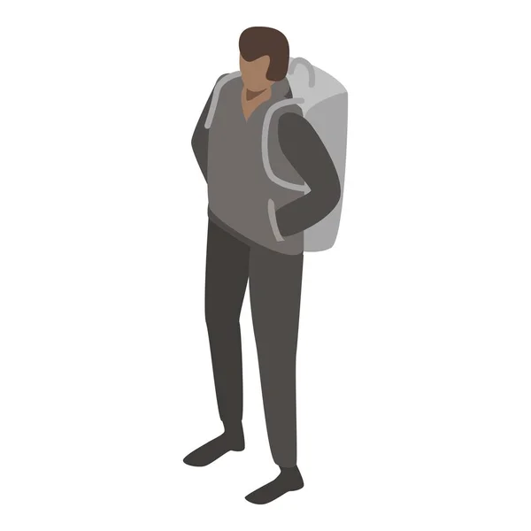 Hombre migrante con icono de la mochila, estilo isométrico — Vector de stock