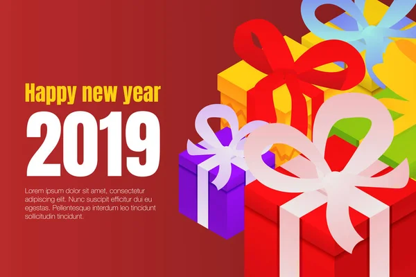 新年あけましておめでとうございますギフト ボックス コンセプト背景、アイソメ図スタイル — ストックベクタ