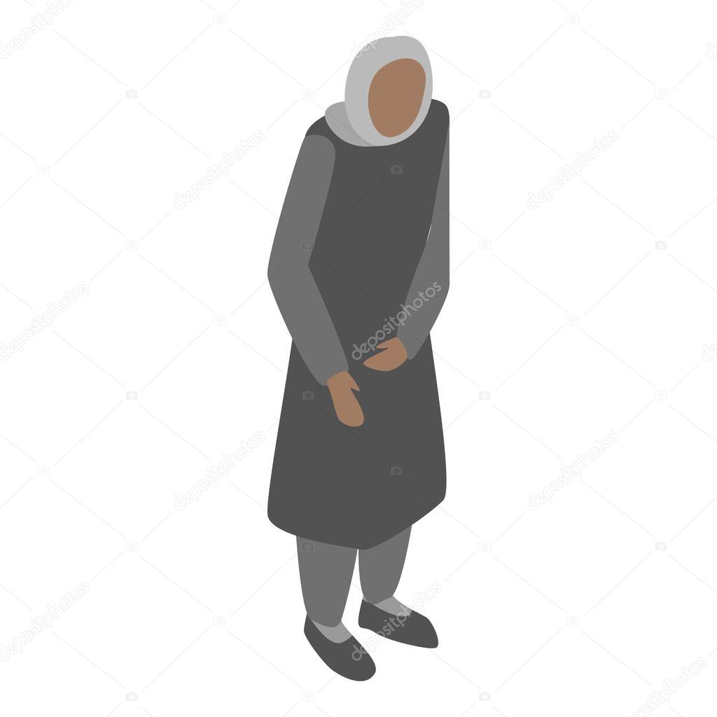 Homeless migrant woman icon, isometric style