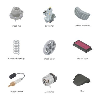 Motor bölümü Icons set, izometrik stili