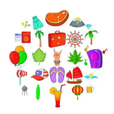 Asya beach Icons set, karikatür tarzı