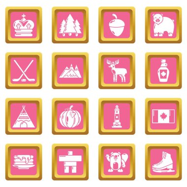 Pembe kare vektör Kanada seyahat Icons set