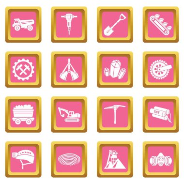 Kömür madeni Icons set pembe kare vektör