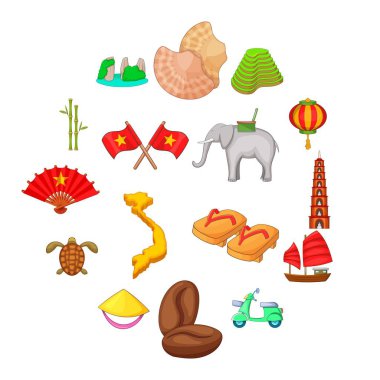 Vietnam seyahat Icons set, karikatür tarzı