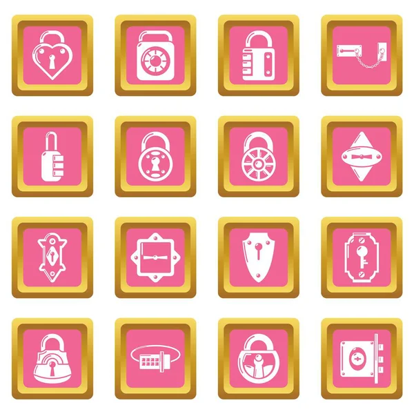 Bloquear los tipos de puerta iconos conjunto rosa cuadrado vector — Vector de stock