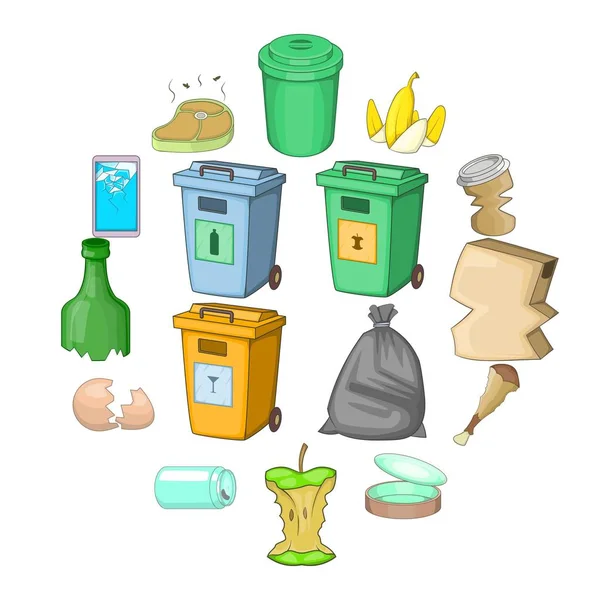 Ensemble d'icônes d'articles de déchets, style dessin animé — Image vectorielle