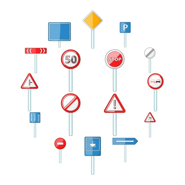 Carretera signos iconos conjunto, estilo de dibujos animados — Vector de stock