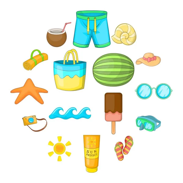 Sommer Artikel Icons Set, Cartoon-Stil — Stockvektor