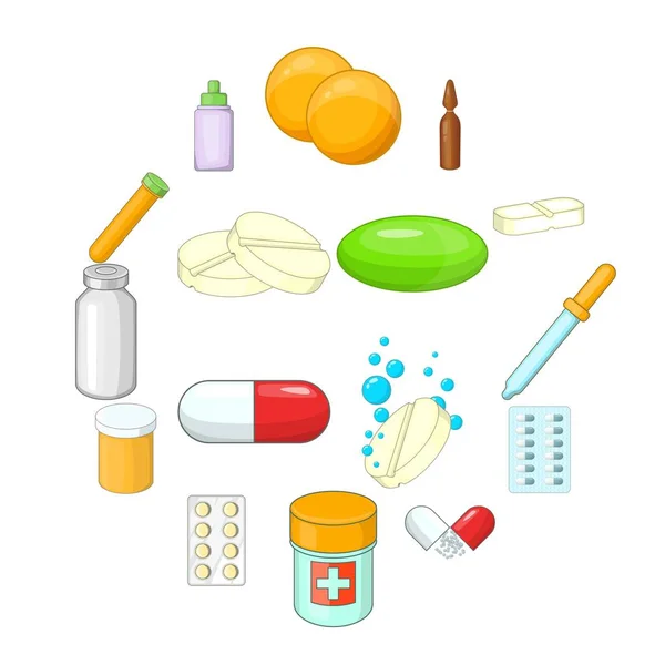 Medicina drogas iconos conjunto, estilo de dibujos animados — Vector de stock