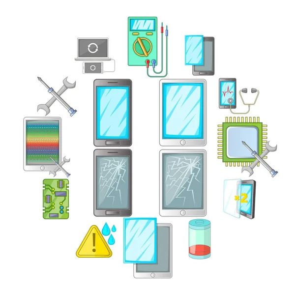 Telefoni rotti fissare le icone set, stile cartone animato — Vettoriale Stock