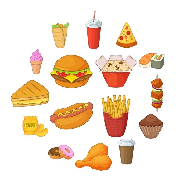 Fast food ikoner set, tecknad stil — Stock vektor