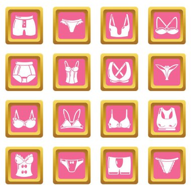 Pembe kare vektör iç çamaşırı türleri Icons set
