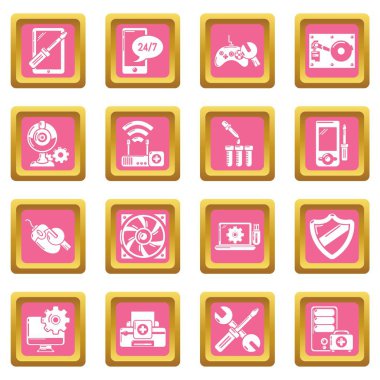 Pembe kare vektör bilgisayar onarım servisi Icons set