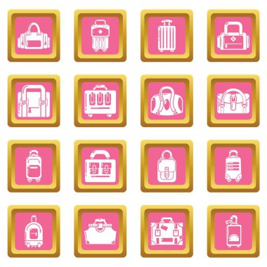 Çantası bagaj bavul Icons set pembe kare vektör