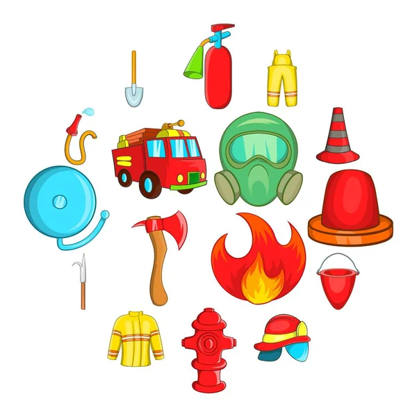 Fireman icons set, cartoon style — Stock Vector