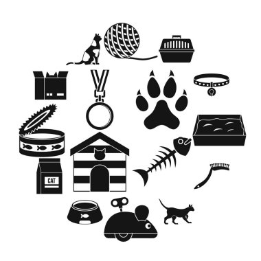 Kedi bakım araçları Icons set, basit tarzı