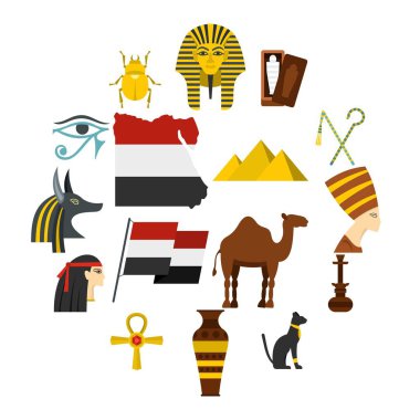 Mısır seyahat öğeler Icons set düz tarzı