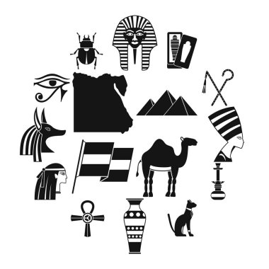 Mısır seyahat öğeler Icons set, basit tarzı