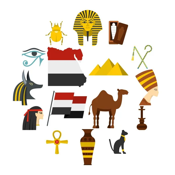 मिस्र यात्रा वस्तुओं प्रतीक फ्लैट शैली में सेट — स्टॉक वेक्टर