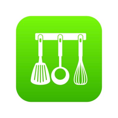 Spatula, pota ve çırpma teli, Mutfak araçları simge dijital yeşil