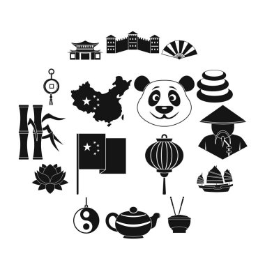 Çin seyahat sembolleri Icons set, basit tarzı