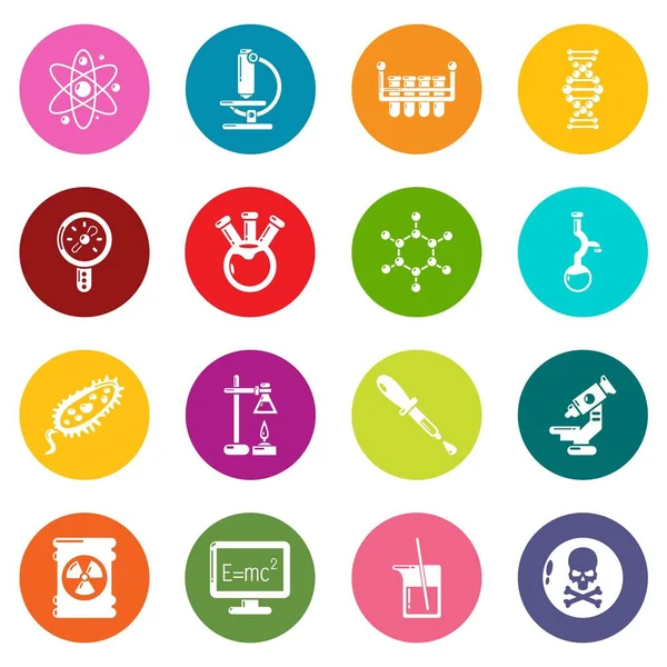 Renkli daireler vektör kimya laboratuvar Icons set — Stok Vektör