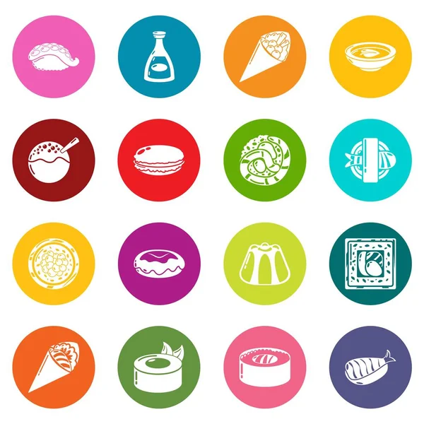 Japón alimentos iconos conjunto círculos coloridos vector — Vector de stock