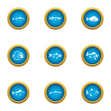 Balık Icons set, düz stil yakalamak