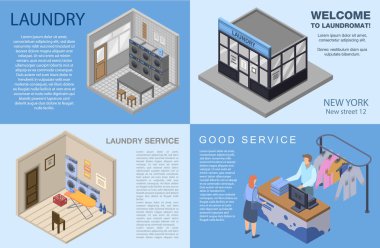 Çamaşırhane afiş kümesi, izometrik stili