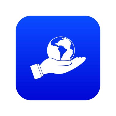 Dünya gezegeni adam el simgesi dijital mavi