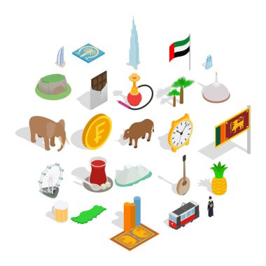 Egzotik tatil spot simgeler kümesi, izometrik tarzı