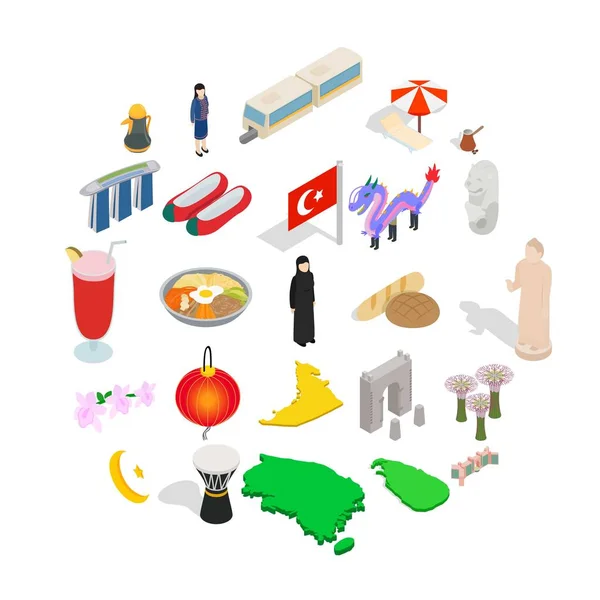 Asiático conjunto de ícones de ponto de férias, estilo isométrico — Vetor de Stock
