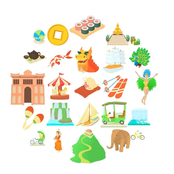 Conjunto de ícones de atividade turística, estilo cartoon — Vetor de Stock