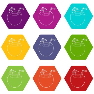 9 vektör Hindistan cevizi kokteyl Icons set