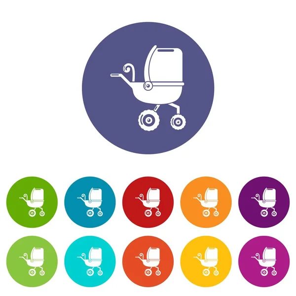 Baby carriage tricycles icons set vector color — Stock Vector