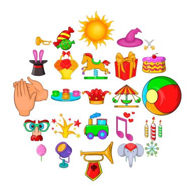 Sirk Icons set seyahat, karikatür tarzı